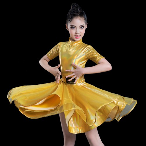 Girls white pink gold laser glitter latin dance dresses competition modern ballroom latin dance costumes for kids 